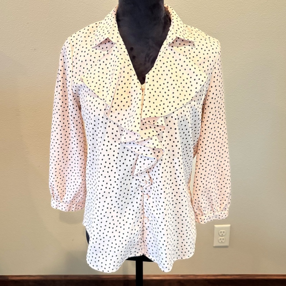 Karl Lagerfeld Polka Dot Ruffle Blouse in Light Pink/Black, Small, Office Church